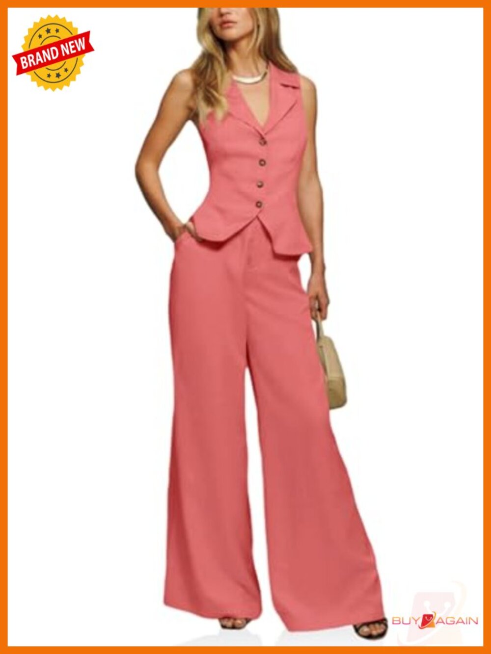 2 Piece Crop Blazer Vest & Wide Leg Pant Suit Set Button Down Sleeveless